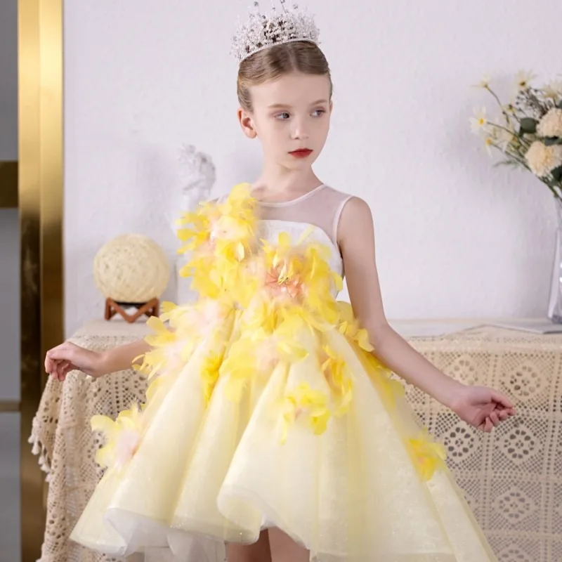 Top Trends: Jill Wish Luxury Arabic Flower Girl Dresses Assymetrical Yellow Feathers Princess Gown For Kids Birthday Wedding Party Show J133 Shoppable Styles