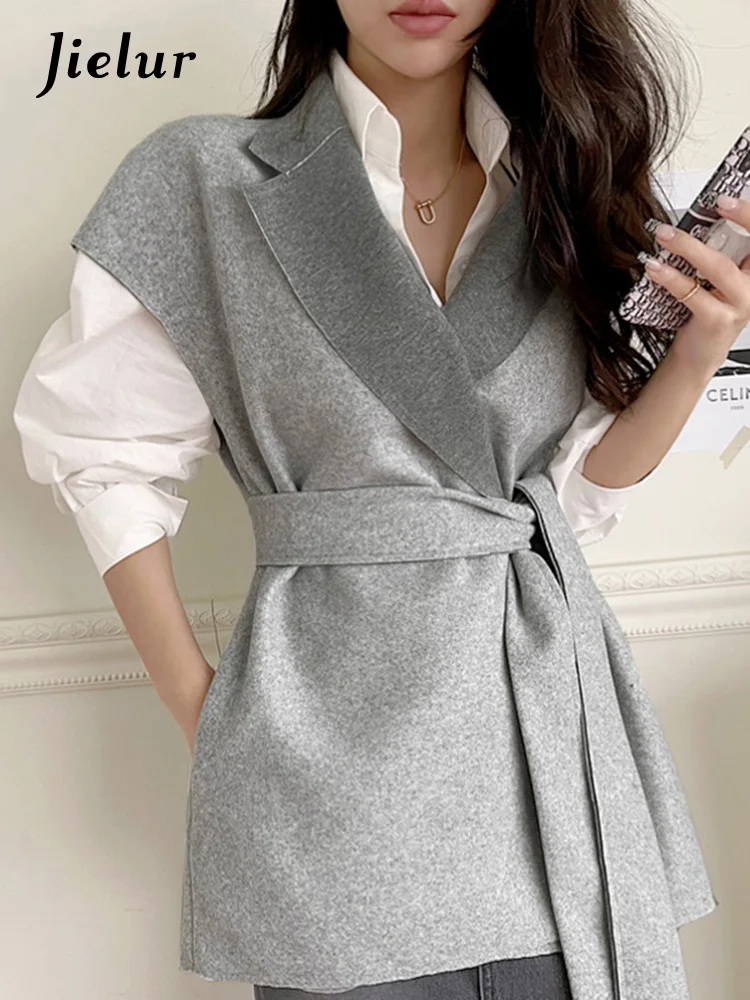 Top Trends: Jielur Korean Style Winter Simple V-neck Vests Solid Color New Belt Slim Waist Fashion Office Ladies Casual Elegant Women Vests Shoppable Styles - Image 2