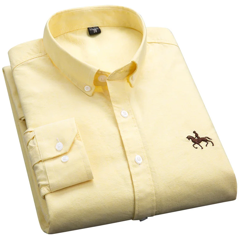 Top Trends: Quality 100% Cotton Oxford Shirts Men Long Sleeve Embroidered Horse Casual Without Pocket Solid Yellow Social Korean Shirt 5XL Shoppable Styles