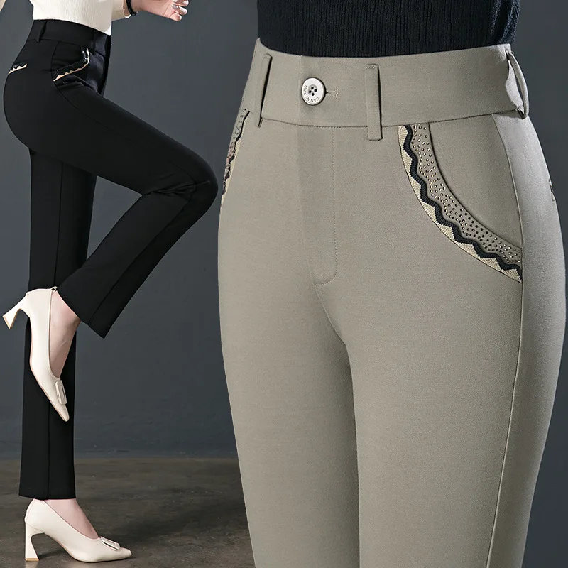 Top Trends: Autumn / Winter Khaki Straight Trousers High Waist Elastic Band Pocket Work Pants Loose Spring / Autumn Casual Pants Women Pants Shoppable Styles