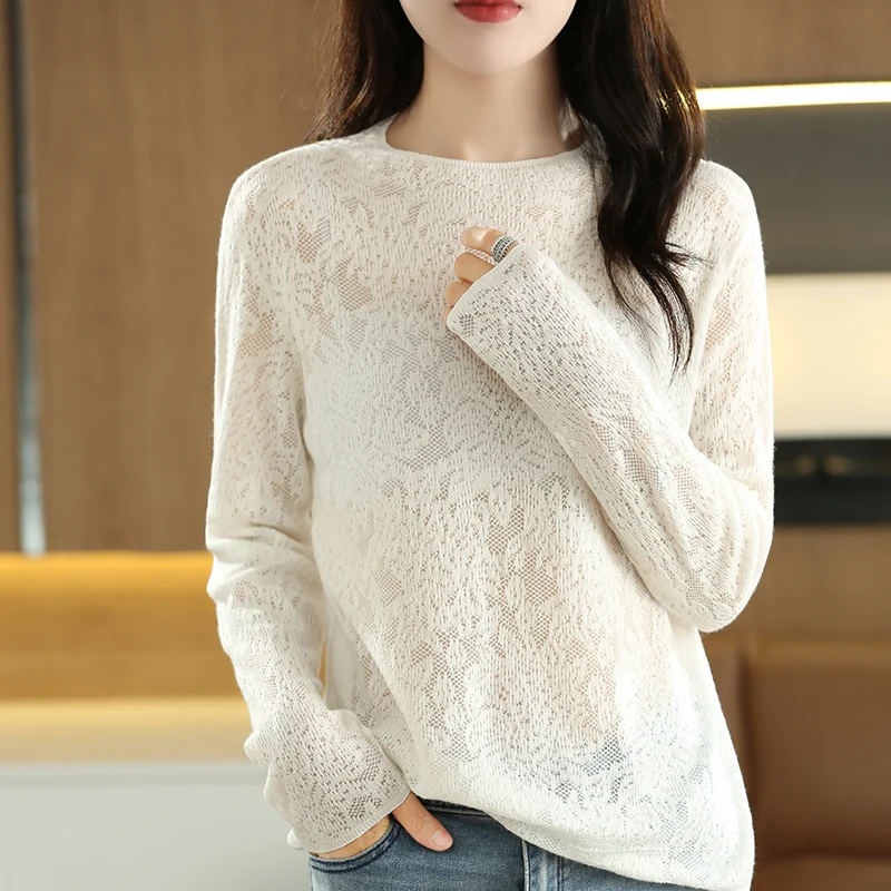 Top Trends: Spring And Summer Women's 100% Fine Wool Pullover Thin Sweater Hollowed-Out Silver Silk Long-Sleeve Soft Knitting Fashion Top Shoppable Styles