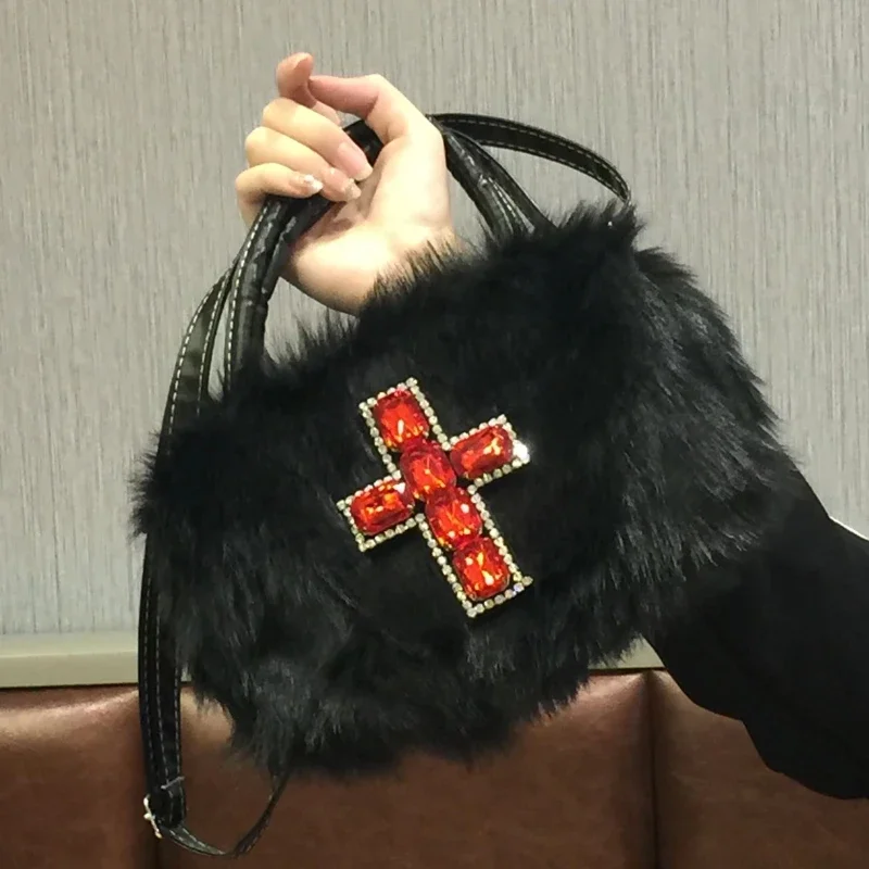 Top Trends: Xiuya Y2k Gothic Handbag Soft Plush Black Cross Applique Shoulder Bag Fashion Harajuku Style Punk Hip Hop Biker Crossbody Bag Shoppable Styles