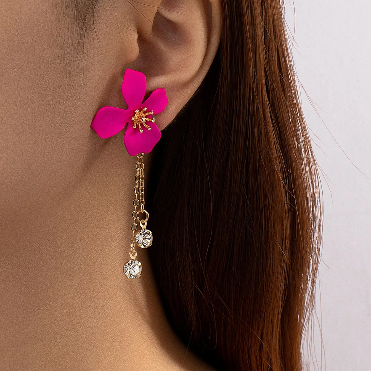 Top Trends: Fashion Big Flower Drop Earrings For Women Wedding New Trendy Long Fushsia Double Layer Enamel Floral Crystal Stud Earring Shoppable Styles - Image 6