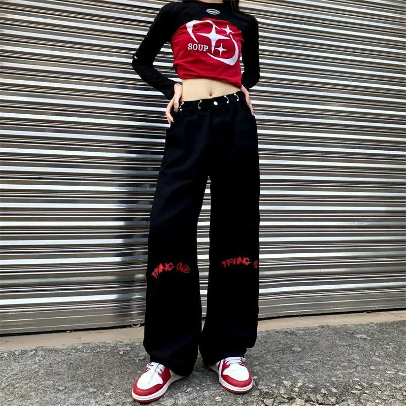 Top Trends: Hip Hop Vintage Women Black Jeans Oversize Streetwear Fashion Casual Pants Harajuku High Street Wide Leg Straight Trousers 2023 Shoppable Styles