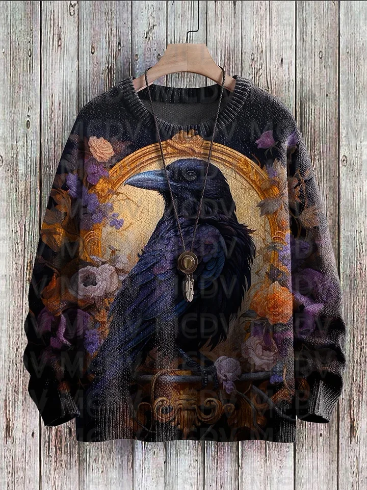 Top Trends: Halloween Bronze Mirror Crow Flowers Print Casual Knit Pullover Sweater Men's For Women's Pullover Shoppable Styles