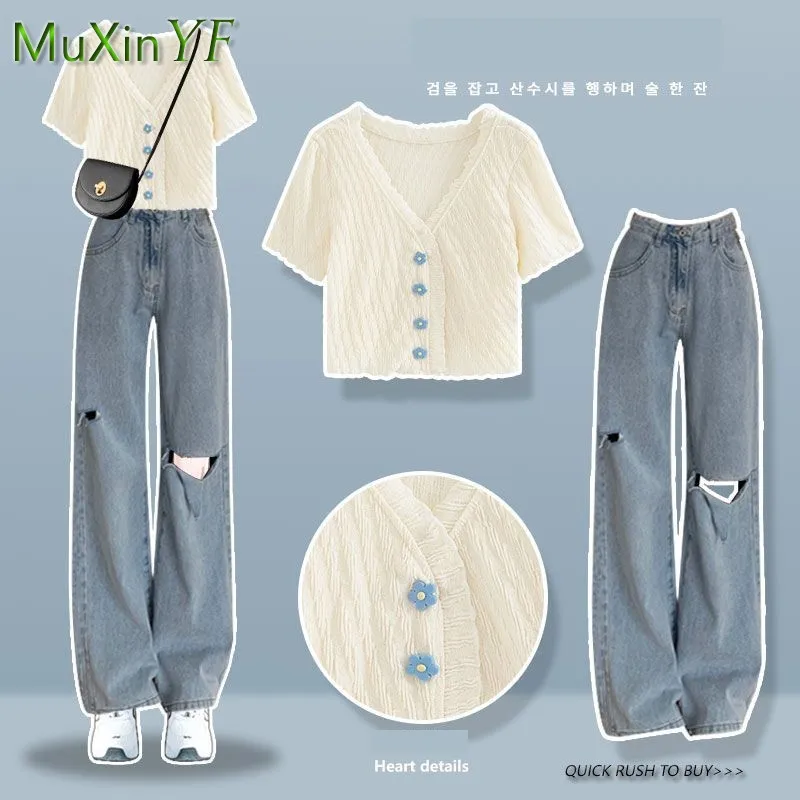 Top Trends: 2024 Summer New Chic Short Sleeve Top+ Casual Jeans Two Piece Women's Korean Elegant Blouse And Pants Matching Set Female Clothes Shoppable Styles