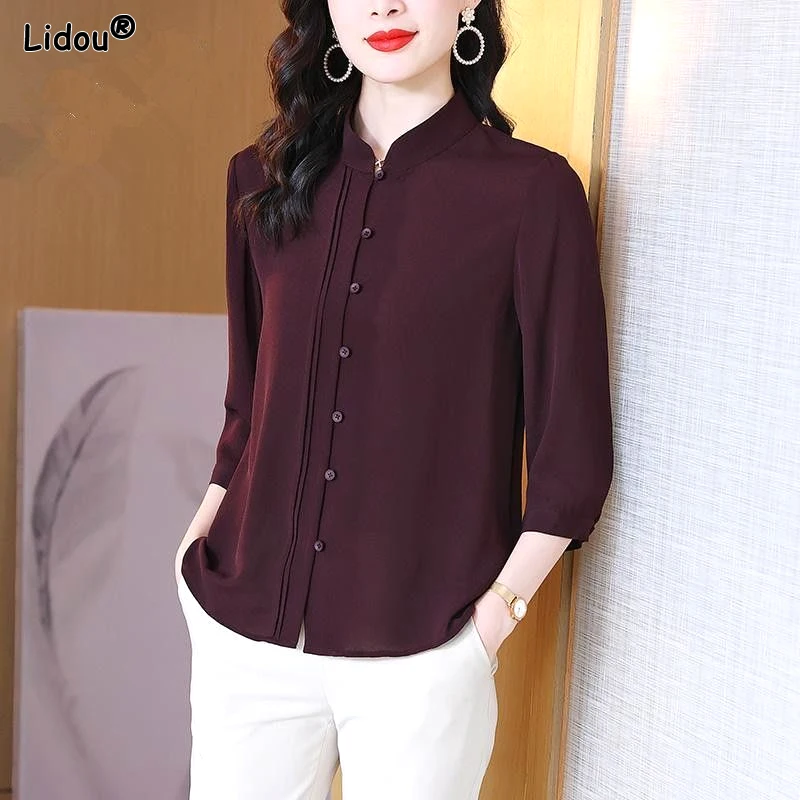 Top Trends: Temperament Office Lady Blouses Summer Thin Loose Button Three Quarter Sleeve Stand Collar Solid Fashion Casual Women's Clothing Shoppable Styles