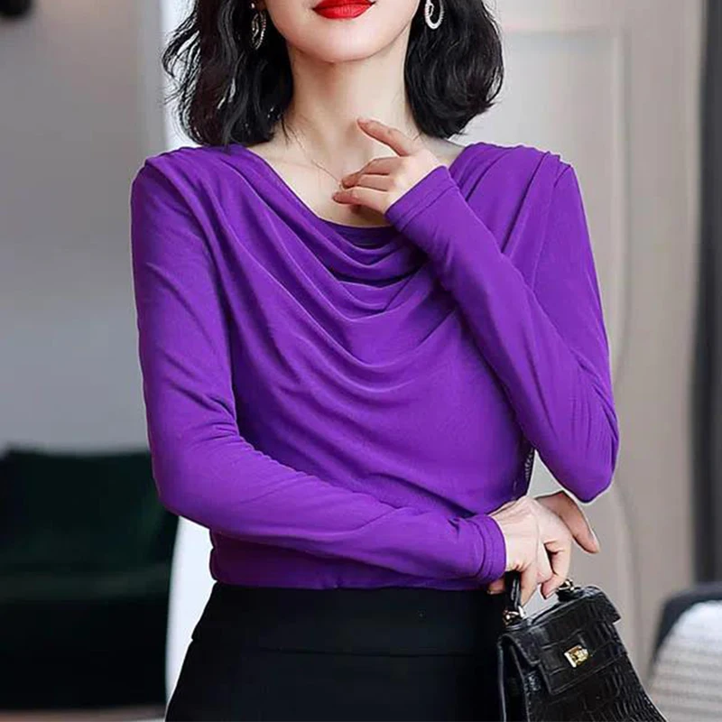 Top Trends: 2022 Autumn Office Lady Pleated Solid Color O-neck Long Sleeve T-Shirt Women Clothing Simplicity Slim Fleece Top Tee Ladies Tops Shoppable Styles