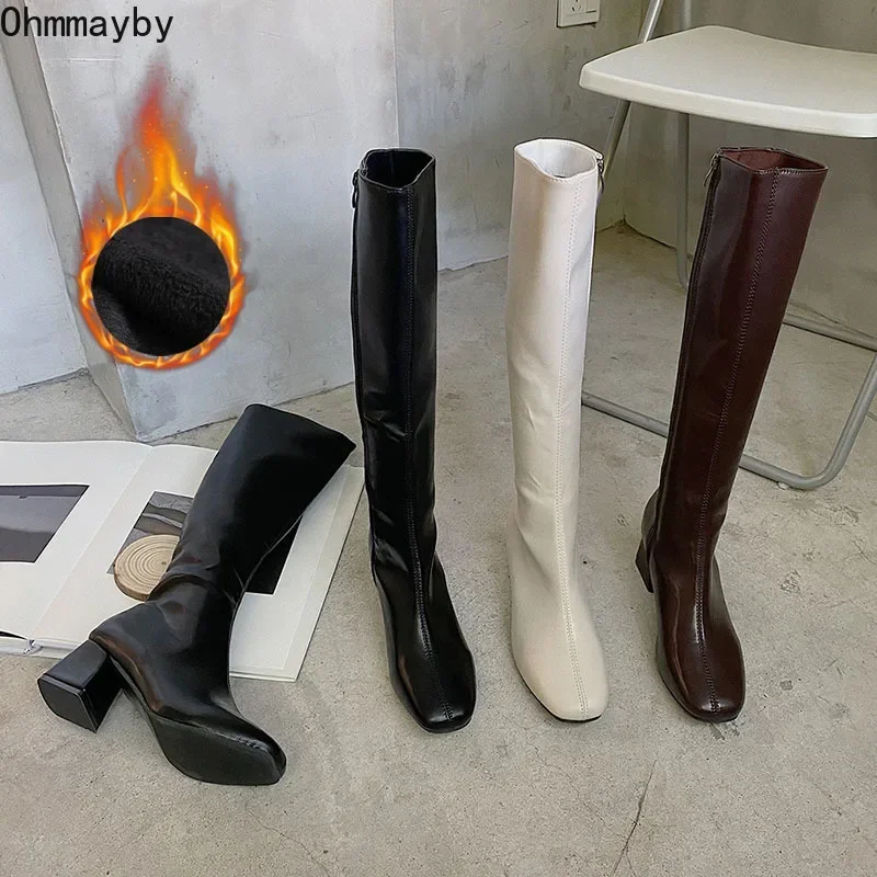 Top Trends: Women Warm Long Boots Woman Knee High Booties Ladies Shoes Platform Thick Heel PU Leather Soft Zipper Woman Fashion Winter 2023 Shoppable Styles