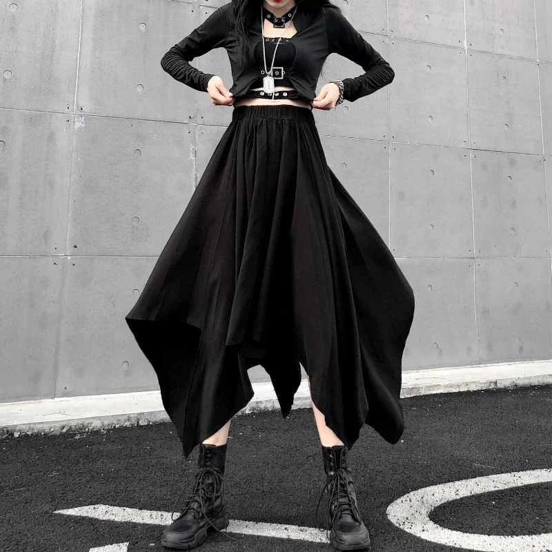 Top Trends: Dark Black Irregular High Waist Skirt Goth Punk Gothic Black Harajuku Long Vintage Skirt Korean Fashion Clothing Shoppable Styles