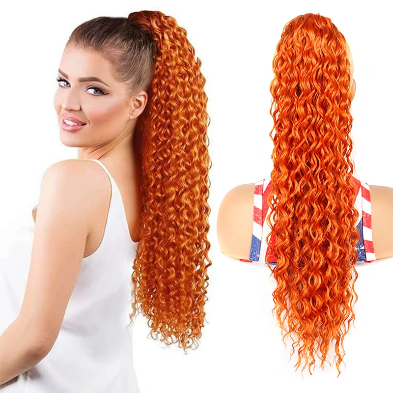 Top Trends: Long Curly Ponytail Hair Extensions 22inch Drawstring Clip In Ponytail Orange Synthetic Water Wave Fake Tail For Women Hairpiece Shoppable Styles