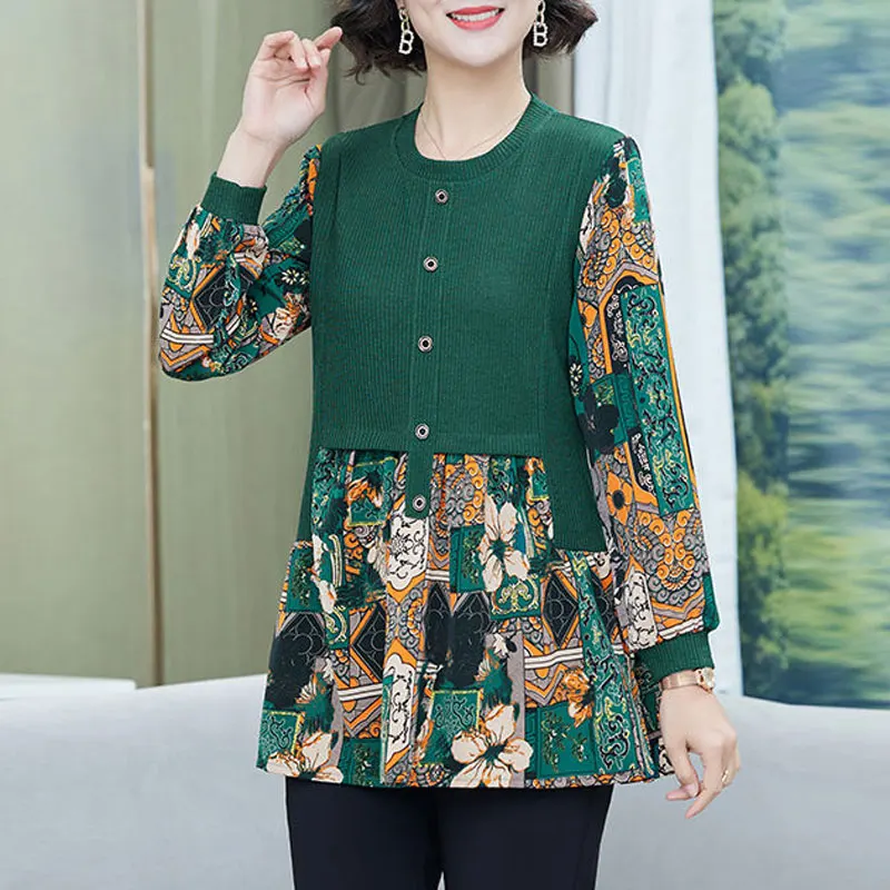 Top Trends: Female Clothing Vintage Printed Shirt Spring Autumn Long Sleeve Casual Patchwork Commute Stylish Round Neck Button Loose Blouse Shoppable Styles