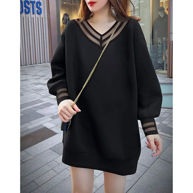 Top Trends: 2023 Spring Autumn New Solid Color V-neck Long Sleeve Mini Dress Women Hollow Out Lace Patchwork Casual Loose All-match Vestidos Shoppable Styles - Image 2