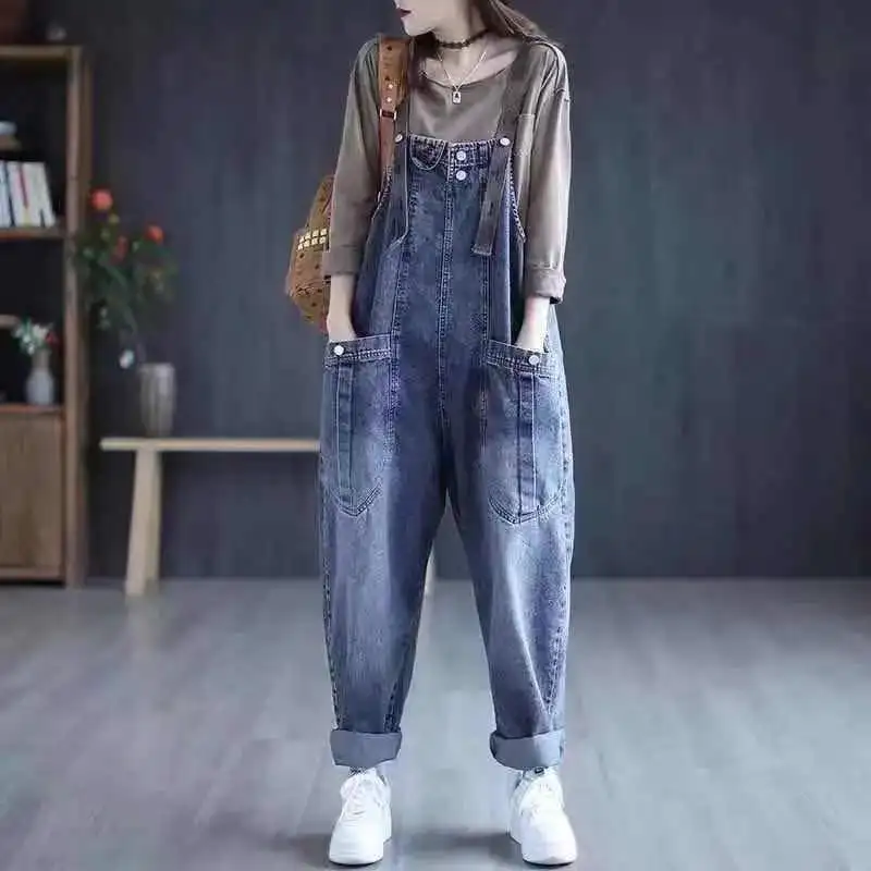 Top Trends: Jumpsuit Women Jeans Rompers New Retro Big Pocket Loose Denim Overalls Fashion Large Size Wide-leg Pants Shoppable Styles