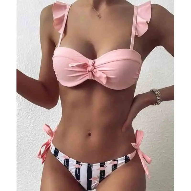 Top Trends: Striped Lace Ruffle Push Up Women Bandeau Swimsuit Female Swimwear Bra Cup Bikini Set High Cut Bathing Suit Shoppable Styles