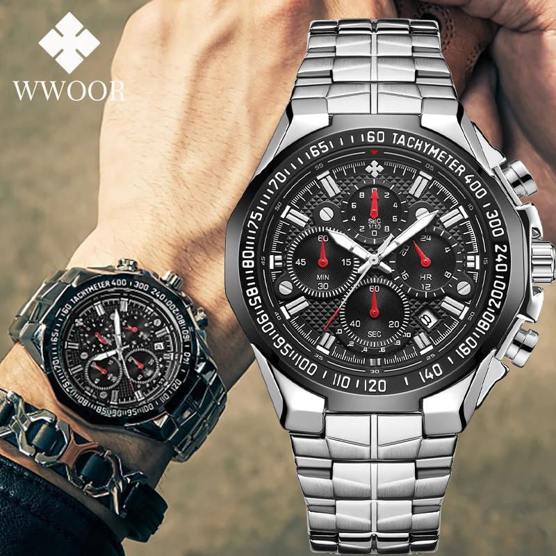 Top Trends: 2024 WWOOR Men&#039;s Watch Top Brand Luxury Black Wrist Watch Fashion Sports Chronograph Steel Quartz Men Watches Relogio Masculino Shoppable Styles