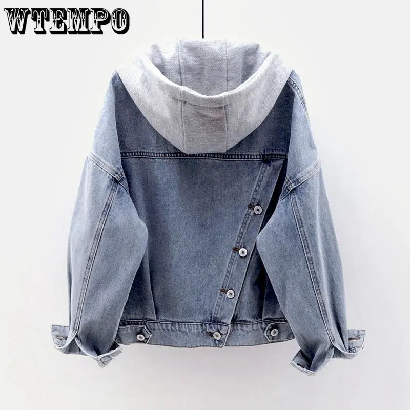 Top Trends: WTEMPO Women Spliced Hoodie Drawstring Long Sleeve Denim Coat Button Down Hoody Blue Black Jean Spring Autumn Outwear Shoppable Styles - Image 2