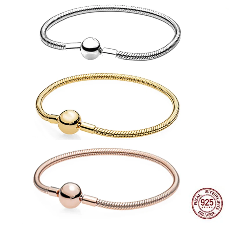 Top Trends: 925 Sterling Silver Fashion Gold Color Round Buckle Basic Chain Classic Bracelet Fits Original Charm Beads DIY Exquisite Jewelry Shoppable Styles