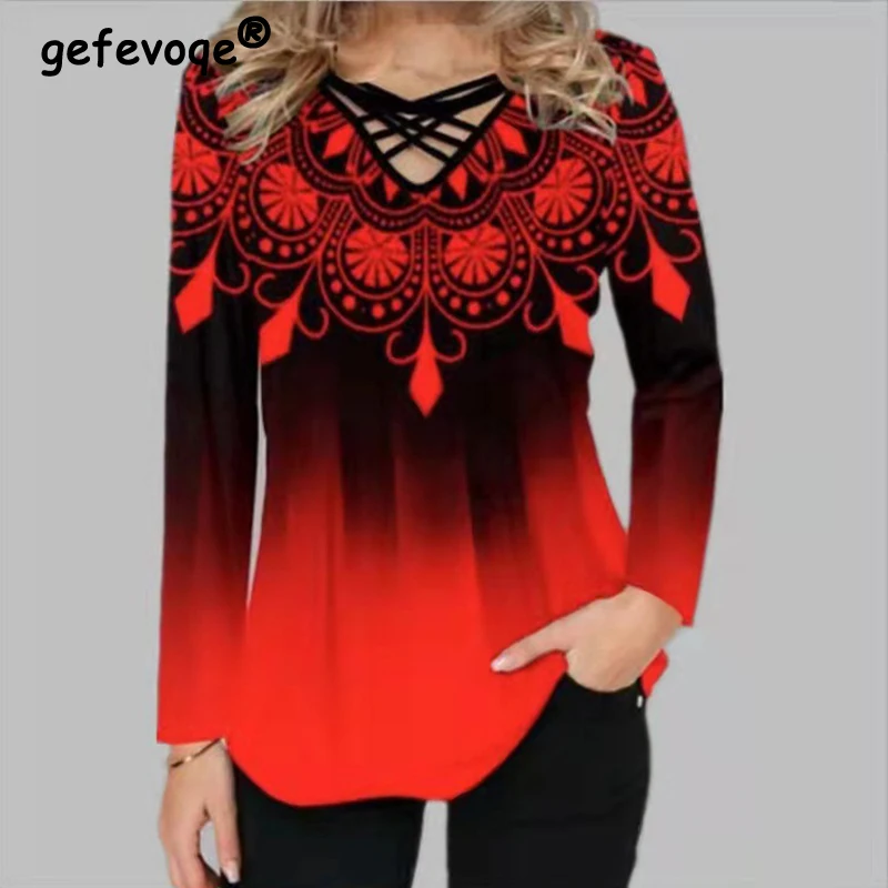 Top Trends: Women&#039;s Clothing V Neck Hollow Out Gradient Print Basic T-shirts Spring Autumn Fashion Casual Long Sleeve Loose Tunic Tops S-5XL Shoppable Styles