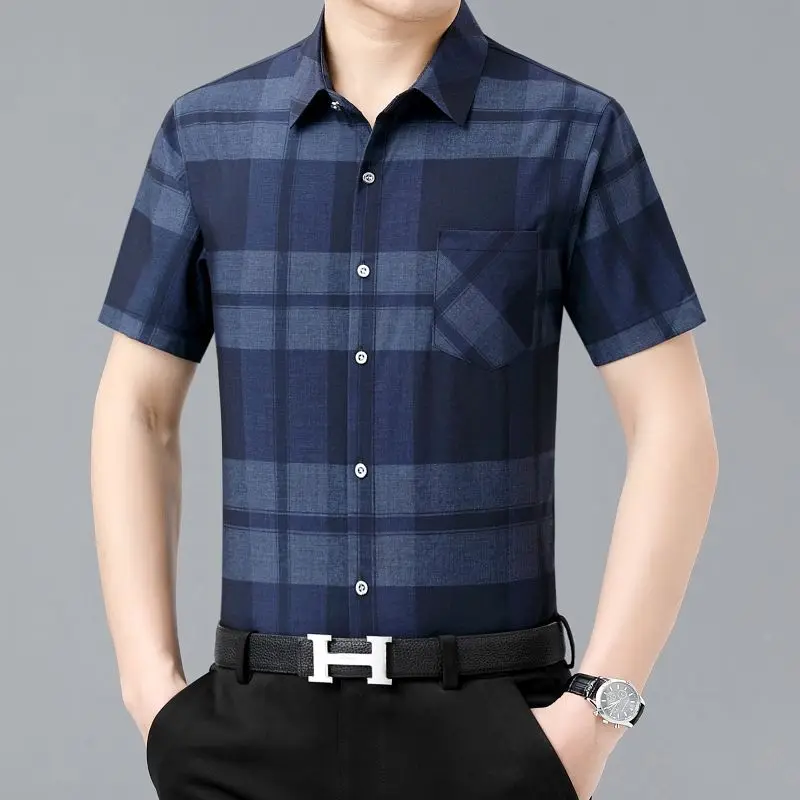 Top Trends: Summer Men Fashion Business Plaid Shirt Korean Streetwear New Casual Loose Anti-Wrinkle Button Pocket Thin Short Sleeve Top 2023 Shoppable Styles