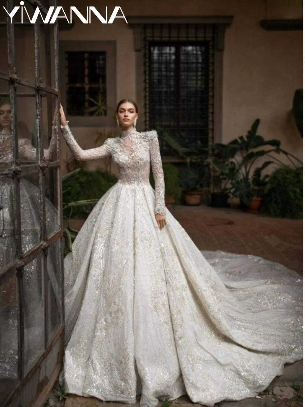 Top Trends: Classic Sequins Appliques Wedding Dress Modest High Collar Long Sleeve Bridal Gown Luxury A-line Long Bride Robe Robe De Mariée Shoppable Styles