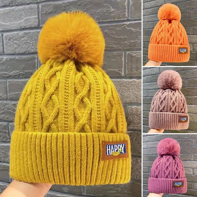 Top Trends: Korean Knitted Cold Hats Faux Fur Embroidery Letter Beanie Female Soft Solid Color Crochet Cap Winter Plus Velvet Warm Wool Hat Shoppable Styles