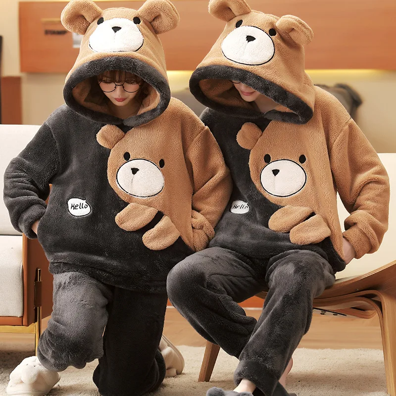 Top Trends: Couple Pajamas Set Women Men Thicken Pyjamas Winter Warm Anime Bear Kawaii Sleepwear Korean Loose Lovers Homewear Pijamas Suit Shoppable Styles