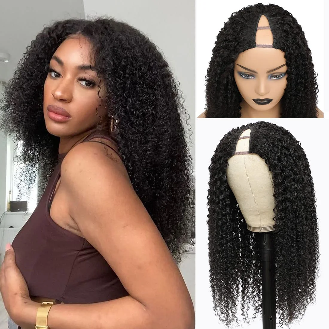 Top Trends: Kinky Curly V Part Wig Human Hair Wigs Deep Curly Human Hair Wigs Brazilian Glueless No Leave Out U Part Natural Human Hair Wig Shoppable Styles