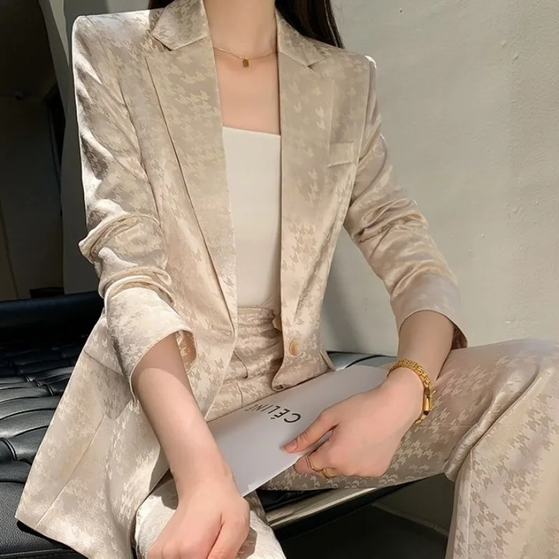 Top Trends: Jacquard Satin Single Button Design Blazer Straight Leg Pants Suit Women 2024 Spring Autumn New Fashion Elegant Office Lady Set Shoppable Styles