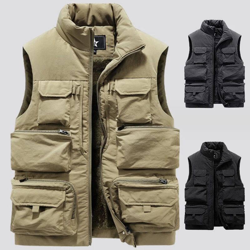 Top Trends: New Fashion Men Cargo Vest Winter Thick Fleece Warm Sleeveless Sport Jacket Solid Color Tactical Coat Men Pockets Work Waistcoat Shoppable Styles