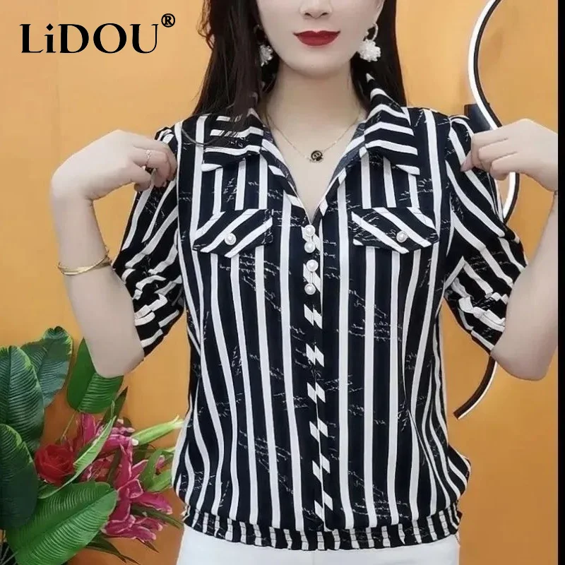 Top Trends: Summer New Fashion POLO Collar Short Sleeve Striped Thin Style Shirt Women Loose Casual Button Thin Style All-match Pullovers Shoppable Styles