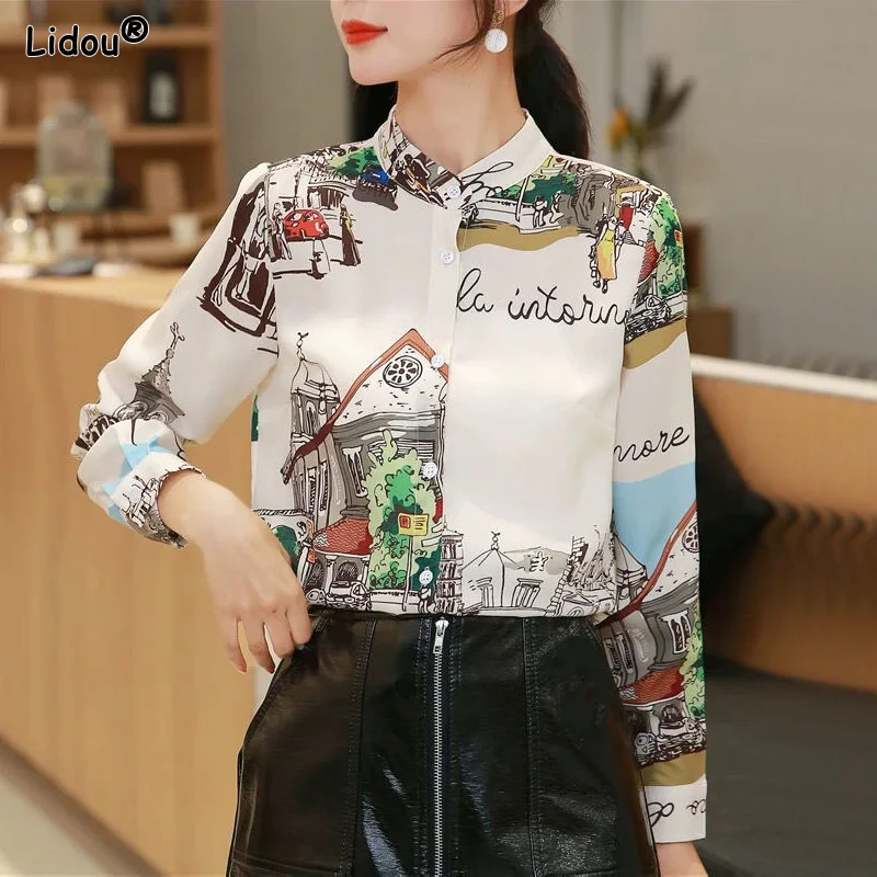 Top Trends: Intellectual Printing Vintage Blouses Loose Temperament Korean Fashion Tops Turn-down Collar Women&#039;s Clothing Thin Spring Summer Shoppable Styles