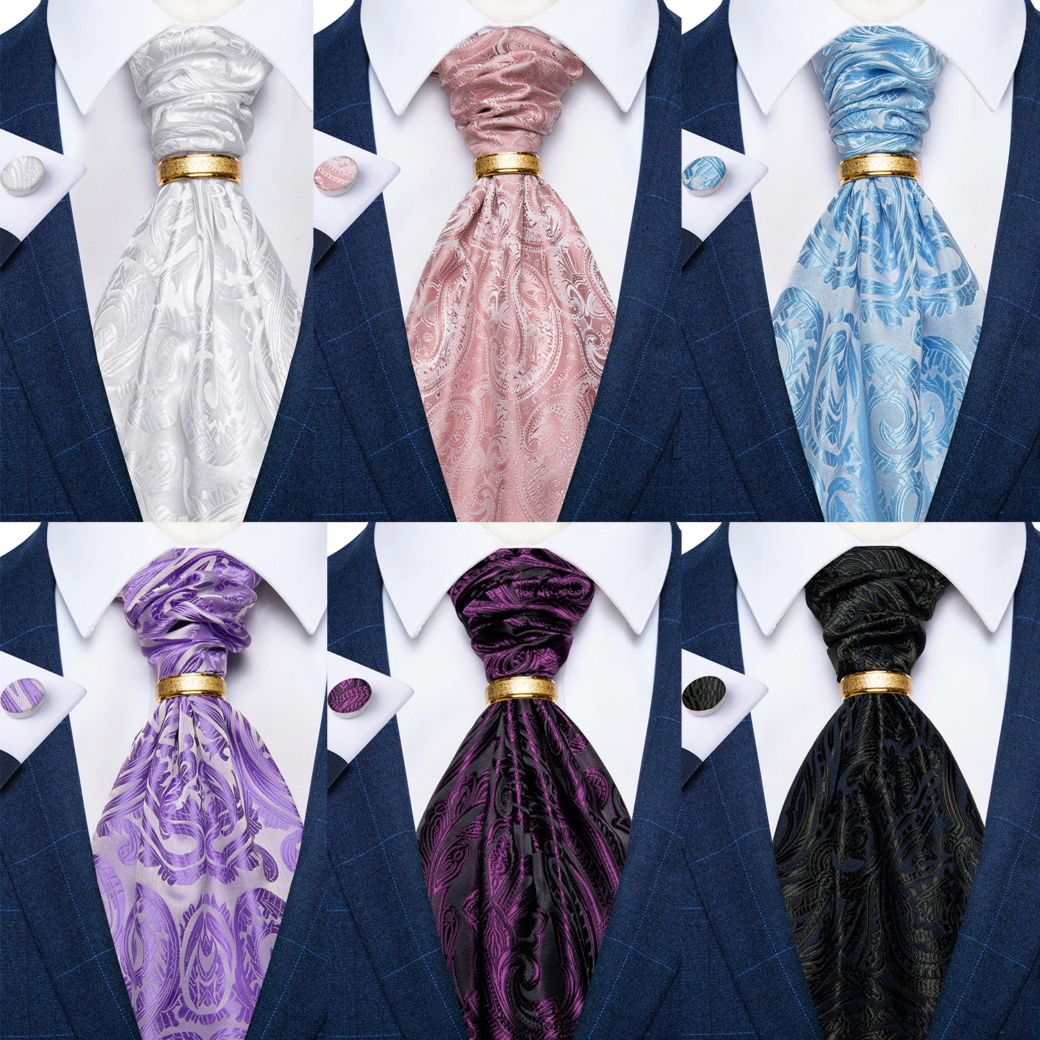 Top Trends: Men Luxury Pink Black Paisley Ascot Tie Set Wedding Party Cravat Green Ties Pocket Sqaure Cufflinks Solid Necktie Ring Sets Gift Shoppable Styles