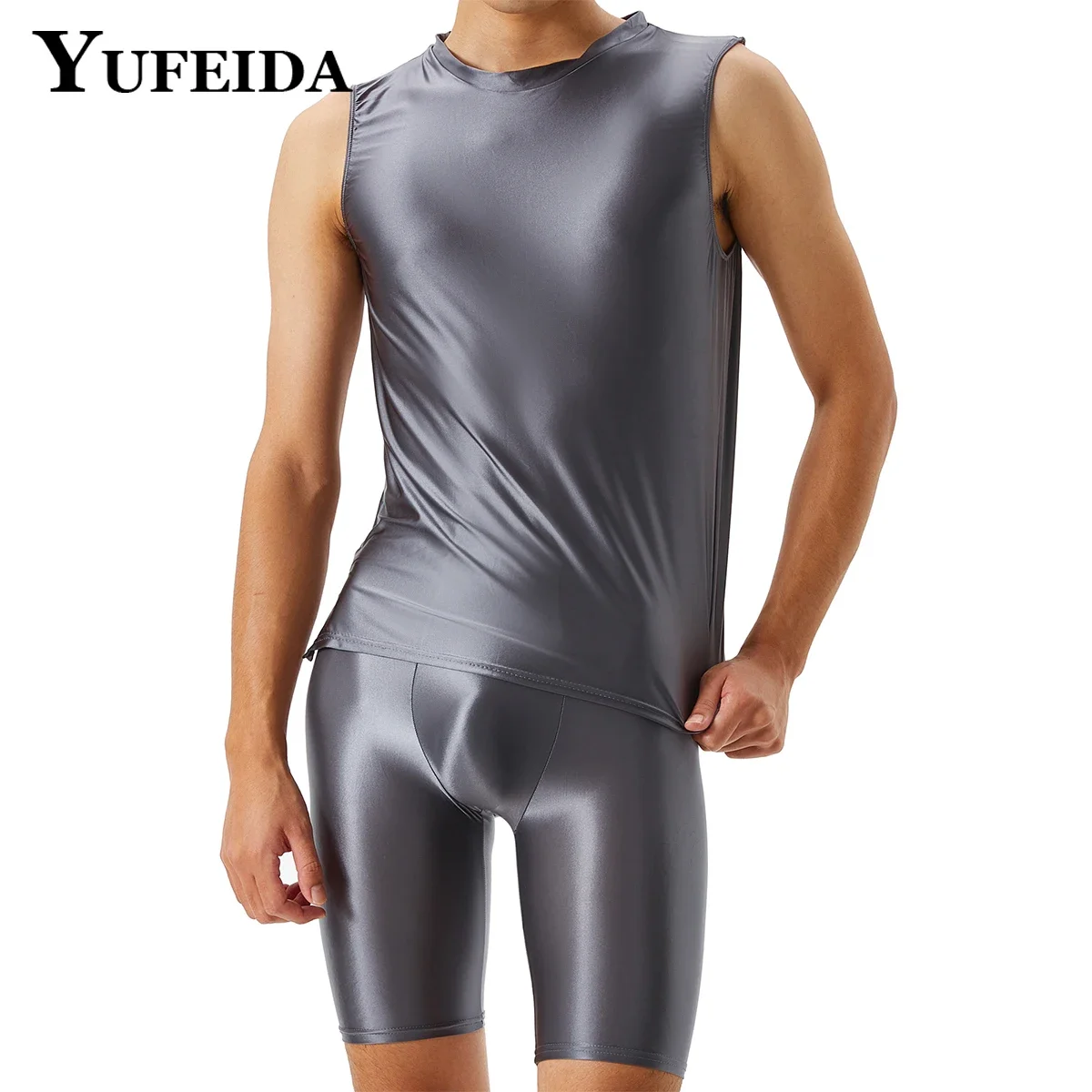 Top Trends: YUFEIDA Men Oil Shinny Glossy Sexy Tank Top Sets Luster High Waist Vest Shorts Smooth Bodybuilding Vest Yoga Running Sportswear Shoppable Styles