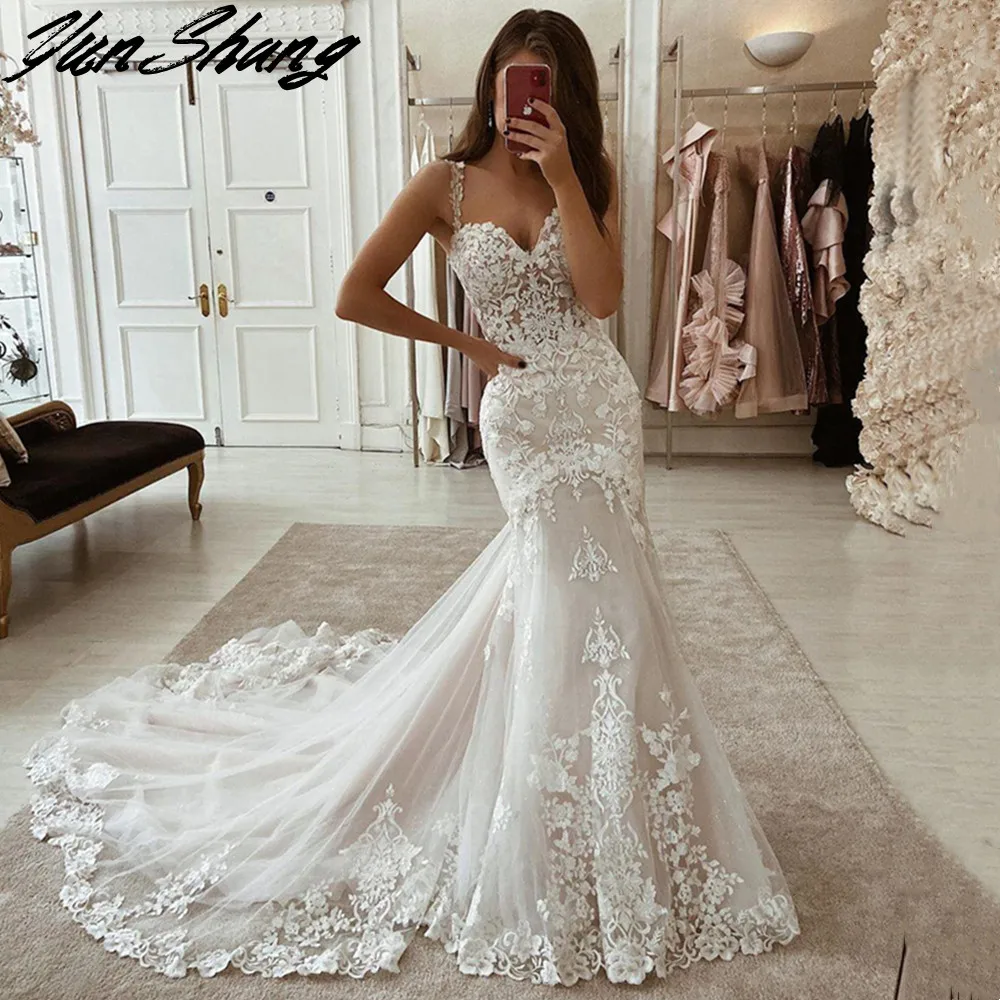 Top Trends: YunShang Spaghetti Straps Wedding Dress V-Neck Lace Appliques New Sexy Mermaid Bride Gown Backless Court Train Vestidos De Noiva Shoppable Styles