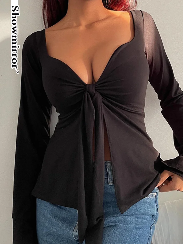 Top Trends: Showmirror Twist Lace Up Slit Female Tops Basic High Street Long Sleeve T-shirt Square Collar Sexy Low Cut Cardigan Fall Blouse Shoppable Styles