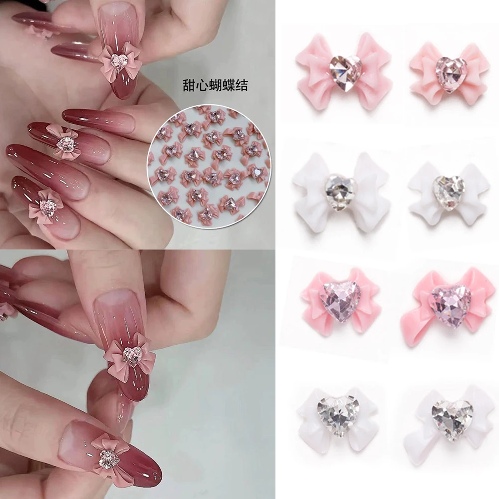 Top Trends: 10pcs Pink Ribbon Resin Bow Nail Charms DIY Korean 3D Rhinestone Heart Bowknot Design Jewelry For Nail Art Decoration Shoppable Styles