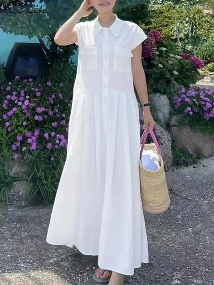 Top Trends: ZANZEA Fashion Short Sleeve Dress Summer Lapel Neck Solid Dresses Woman Casual Holiday Maxi Robe Female Elegant Party Sundress Shoppable Styles