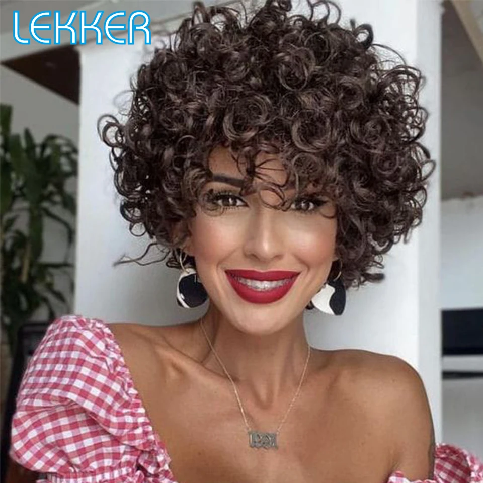 Top Trends: Lekker Short Afro Curly Bob Human Hair Wigs With Bangs For Women Brazilian Remy Hair Wear And Go Natural Brown Kinky Curly Wigs Shoppable Styles