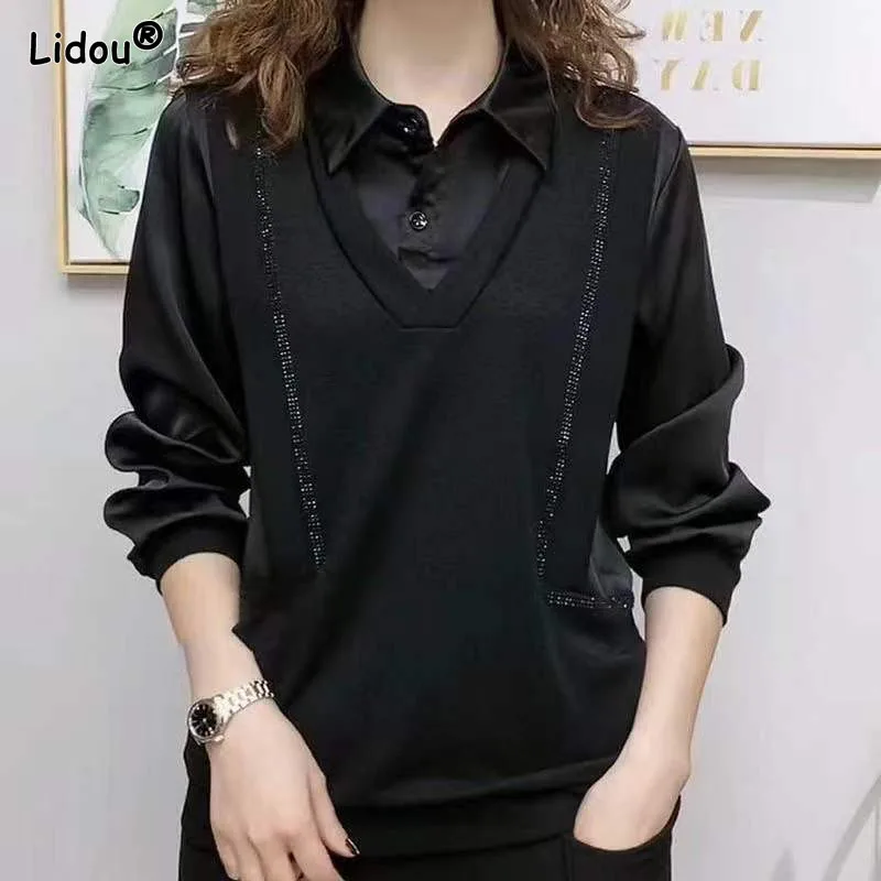 Top Trends: Blended Thin Solid Polo-Neck Slim Women&#039;s Clothing Spring Autumn Office Lady Spliced Fake Two Pieces Pullover Women Blouse Trend Shoppable Styles