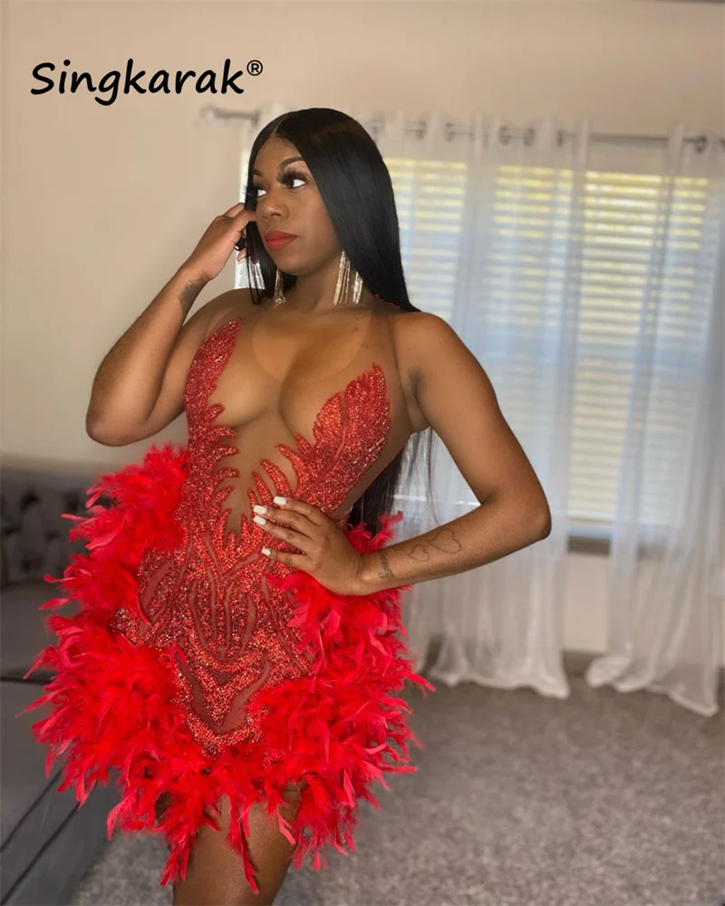 Top Trends: New Glitter Red Diamonds Short Prom Dress Sheer Neck Beads Crystal Feather Robe De Bal Birthday Party Cocktail Gowns Custom Shoppable Styles