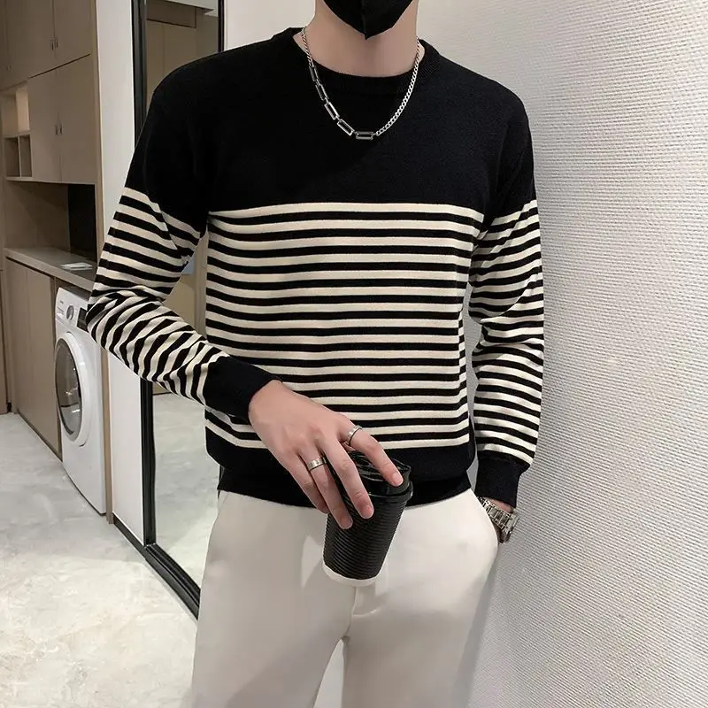 Top Trends: Fashion O-Neck Knitted Spliced All-match Striped Sweater Men&#039;s Clothing 2022 Autumn New Casual Pullovers Long Sleeve Korean Tops Shoppable Styles