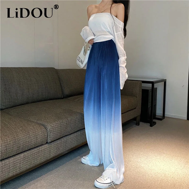 Top Trends: 2023 Summer New Pleated Gradient High Waist Pant Women Change Straight Cylinder Fashion Casual Wide Leg Trousers Female Clothes Shoppable Styles