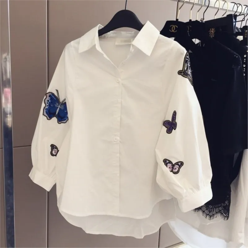 Top Trends: New White Shirt Women Butterfly Embroidery Three Quarter Sleeve Loose Blouse And Tops Ladies Button Down Shirts NS4551 Shoppable Styles