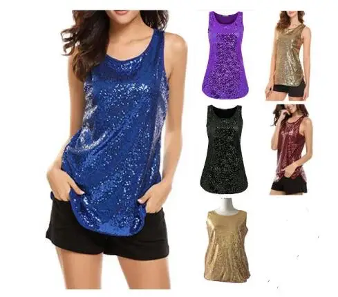 Top Trends: New Fashion Sexy Womens Sequins Glitter Shinny Camis Sleeveless T-Shirt Summer Sparkle Shimmer Vest Crop Tee Shoppable Styles