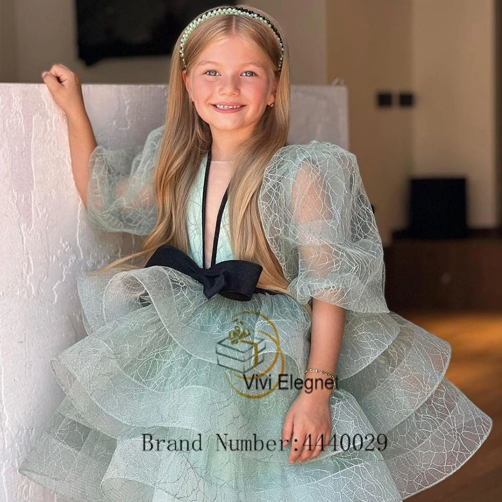 Top Trends: Puff Sleeve Flower Girl Dresses For Women Deep V Neck Tiered Wedding Party Gowns With Black Bow 2023 Summer New فساتين اطفال للع Shoppable Styles