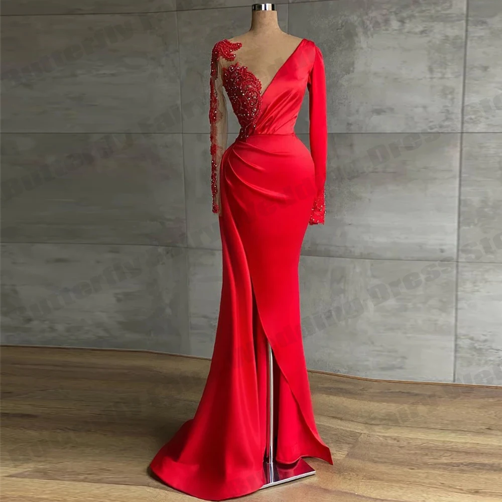 Top Trends: Luxurious Long Sleeve Exquisite V-neck High Split Dresses Elastic Satin Dresses Elegant Shiny Evening Party Church Outfits 2023 Shoppable Styles