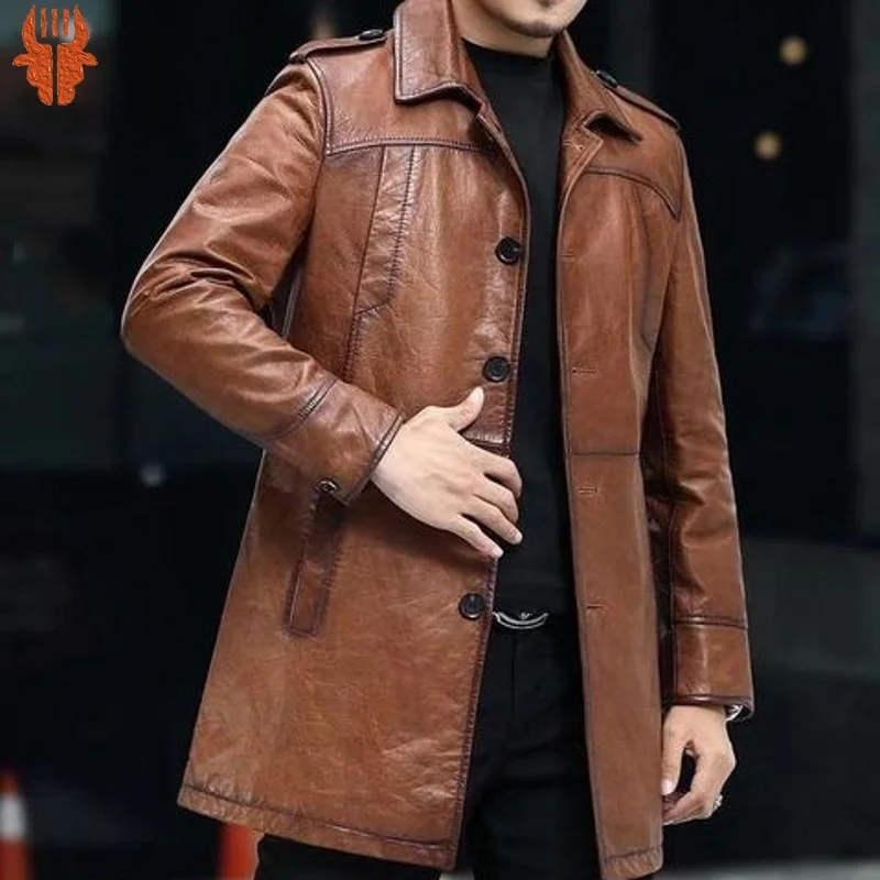 Top Trends: Coat Sheepskin Trench Mens Genuine Leather Long Turn-Down Collar Single Breasted Solid Business Casual Autumn New Outerwear Shoppable Styles