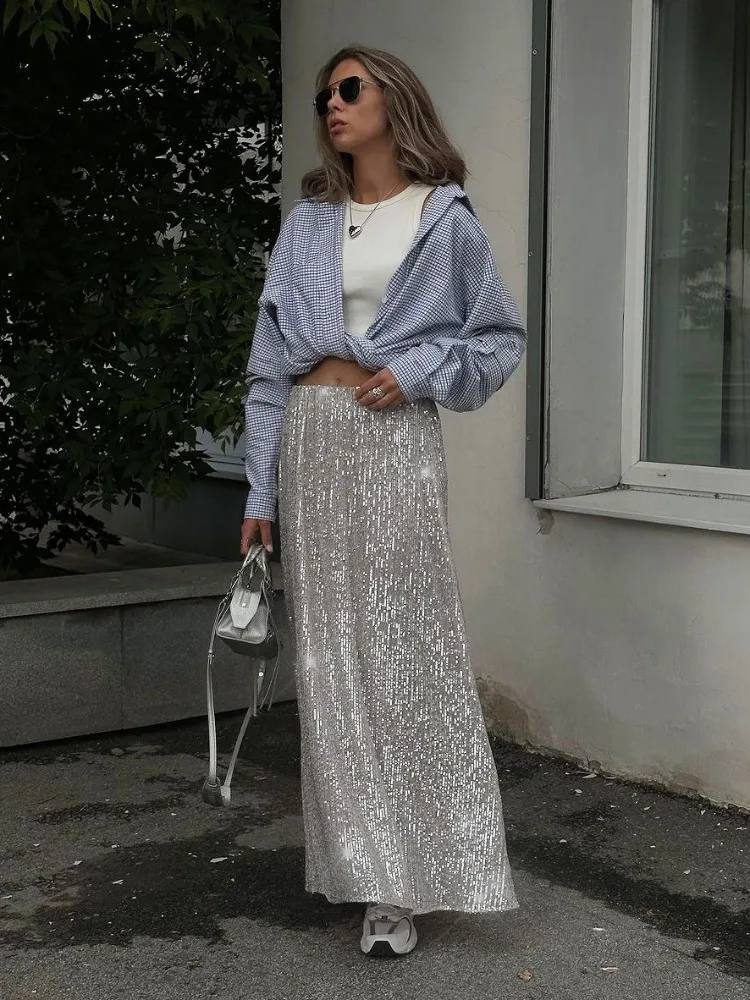 Top Trends: TARUXY Silver Sequins Long Skirt For Women Summer High Wasit Slim Skirts Femme Sexy Crop Tops Party Flash Faldas Ajustadas Woman Shoppable Styles