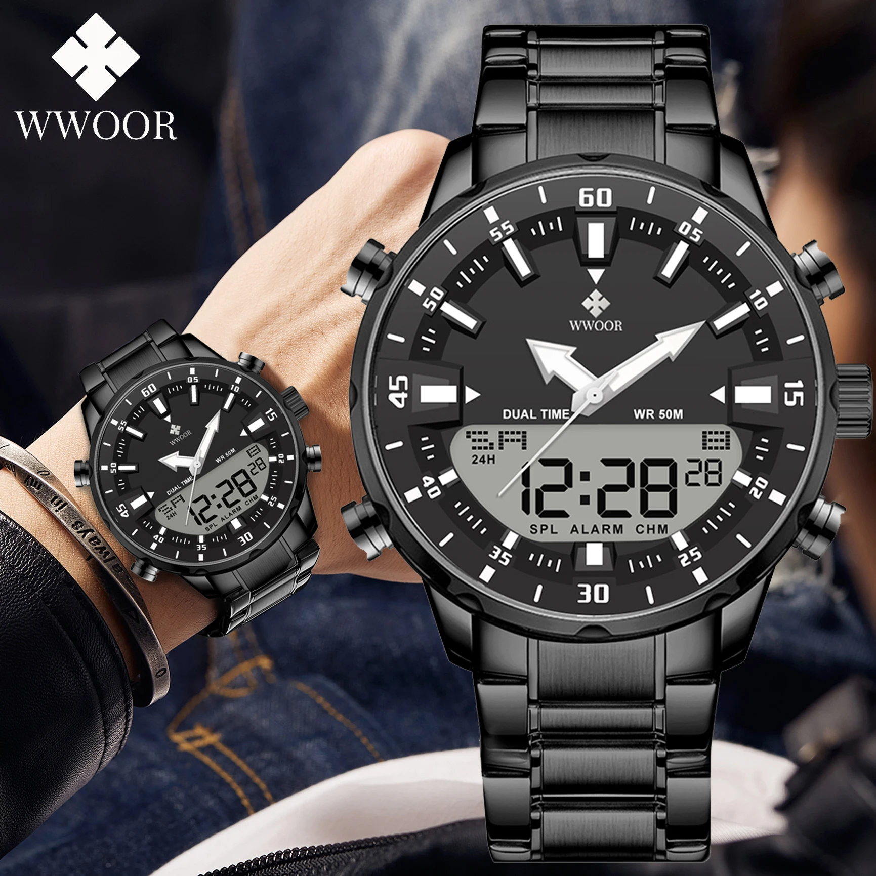 Top Trends: WWOOR New Sport Watch For Men Dual Display LED Quartz Wristwatch Full Steel Luxury Watch Men Clock Chronograph Relogio Masculino Shoppable Styles